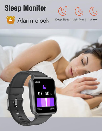 Fitness Tracker Fitness Watches for Women Men (Make/Answer Calls), 1.85" Smart Watch for Iphone/Android Phones, Heart Rate/Sleep Monitor Steps Tracker Watch Pedometer IP68 Waterproof (Dark Black)