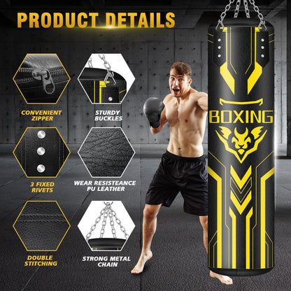 Hanging Punching Bag for Adults, 4FT PU Heavy Boxing Bags with Chain Ceiling Hook, Boxing Training Equipment for Training Muay Thai Karate Kickboxing Taekwondo Home Gym,Unfilled