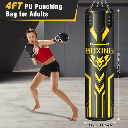 Hanging Punching Bag for Adults, 4FT PU Heavy Boxing Bags with Chain Ceiling Hook, Boxing Training Equipment for Training Muay Thai Karate Kickboxing Taekwondo Home Gym,Unfilled