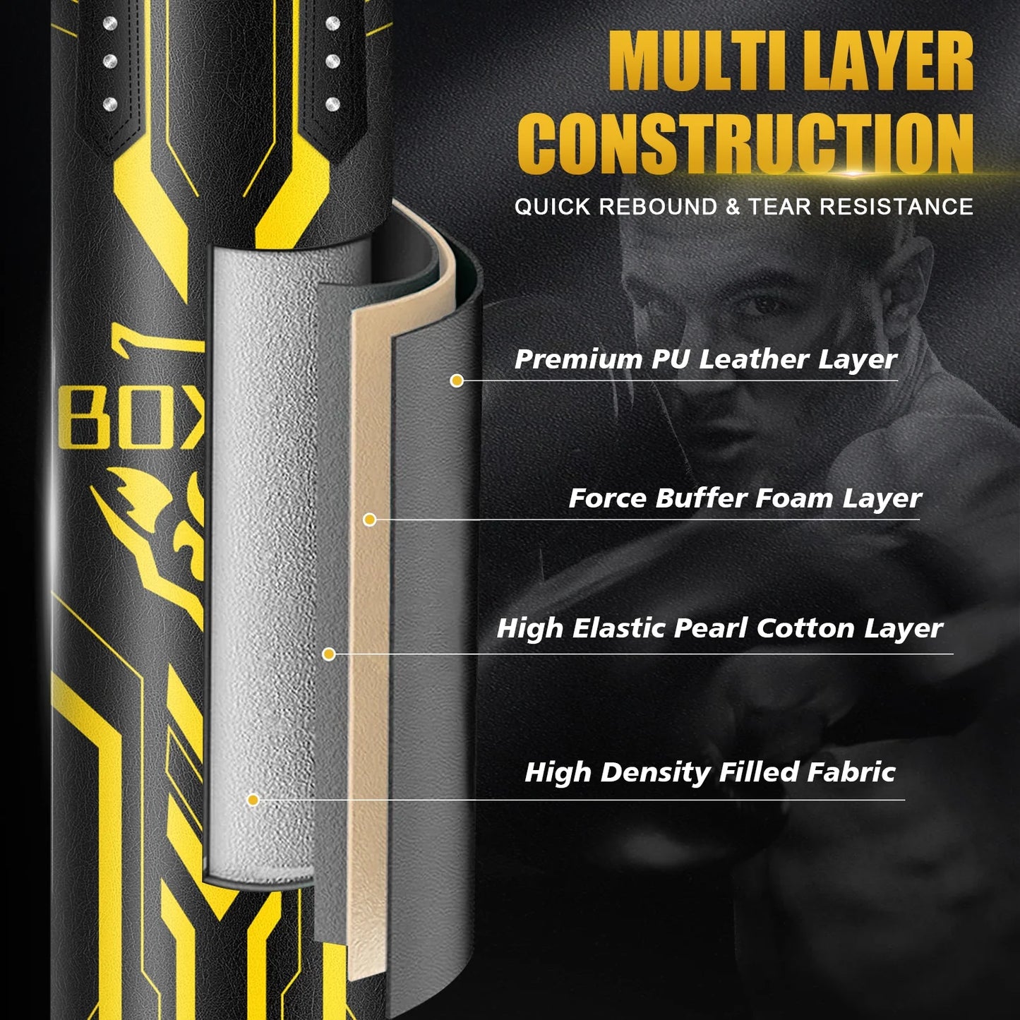 Hanging Punching Bag for Adults, 4FT PU Heavy Boxing Bags with Chain Ceiling Hook, Boxing Training Equipment for Training Muay Thai Karate Kickboxing Taekwondo Home Gym,Unfilled