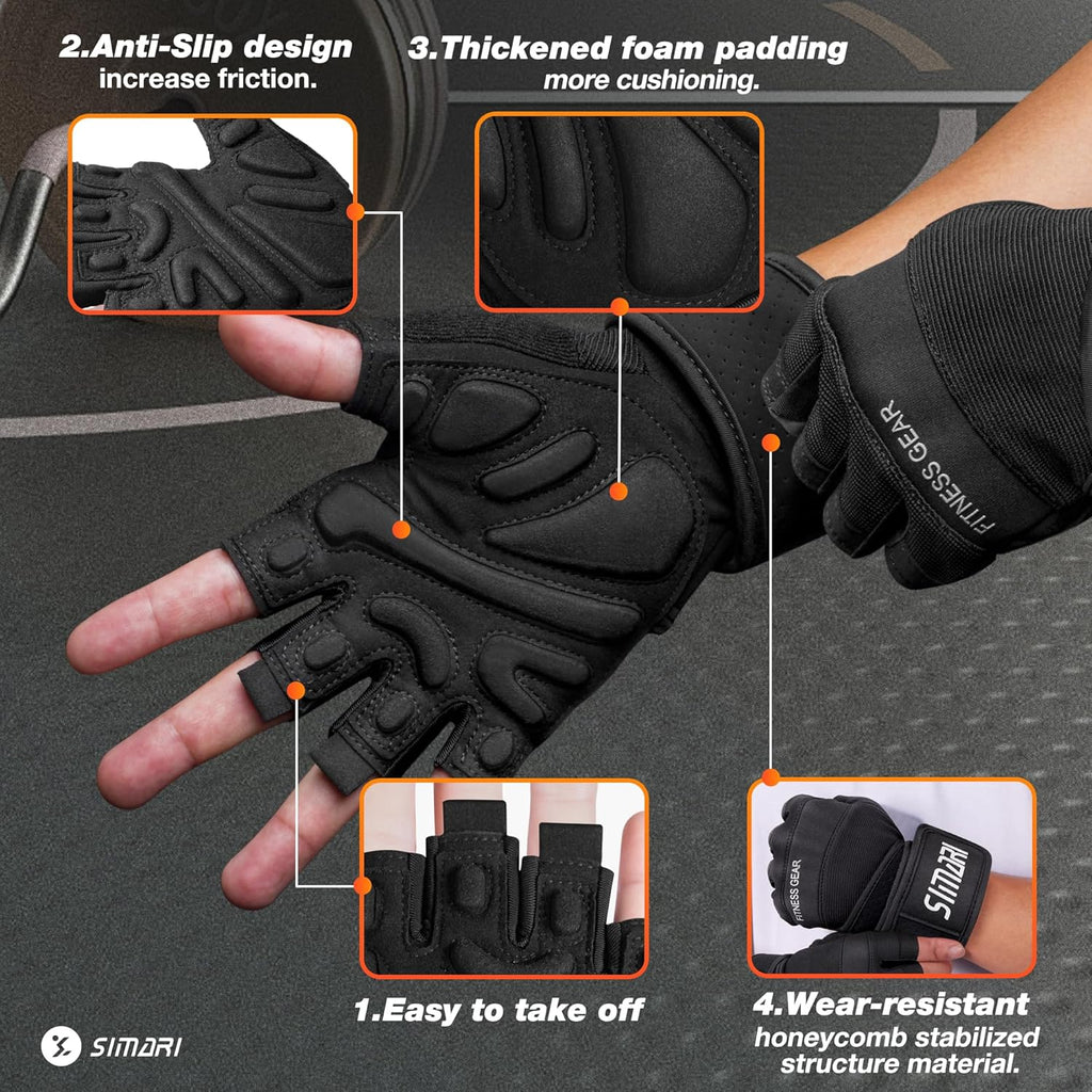 Padded Workout Gloves for Men and Women, Ventilated Weight Lifting Gloves with Wrist Wraps Support, Full Palm Protection, Great Grip for Gym Training, Fitness, Weightlifting, Exercise