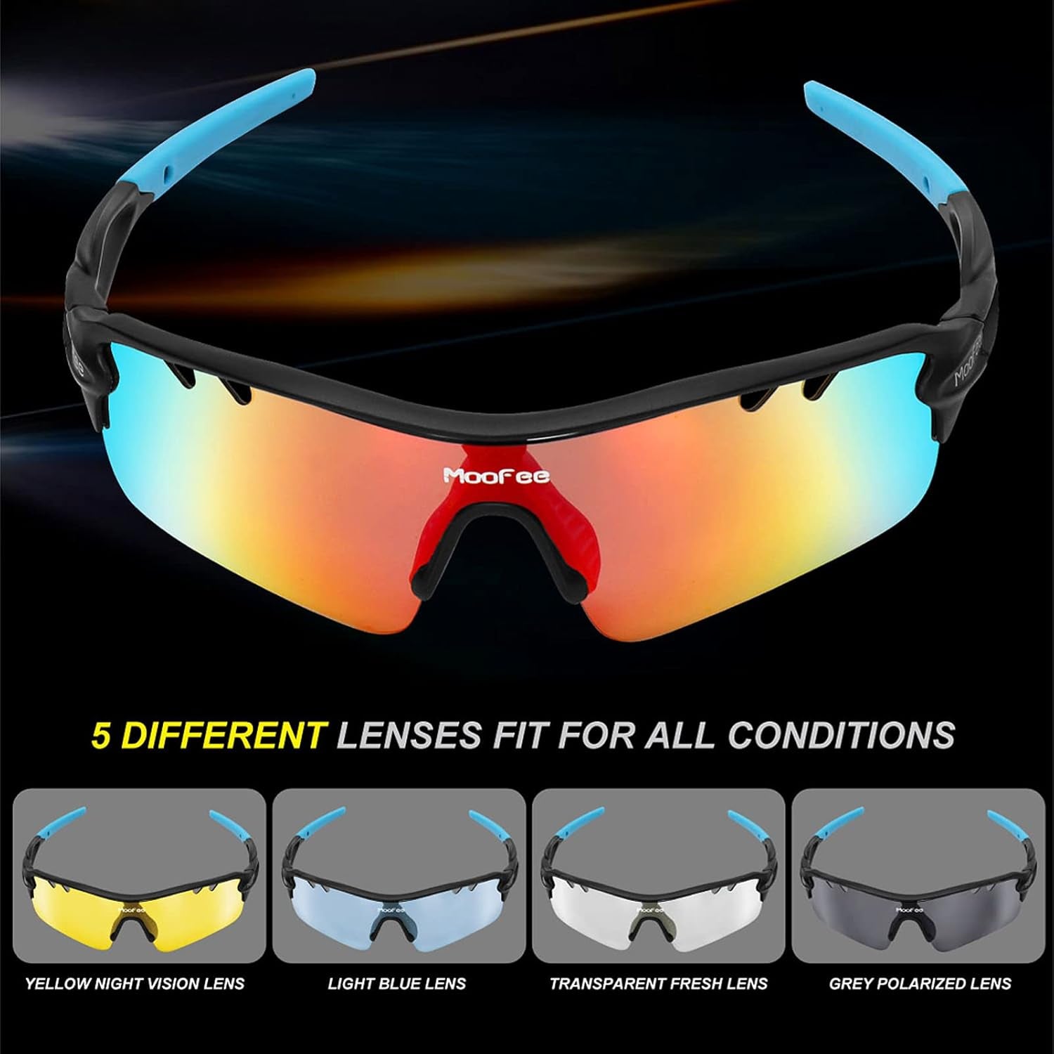 Sports Sunglasses for Men Womens Cycling Glasses with 5 Interchangeable Lenes for Running Fishing Baseball Golf